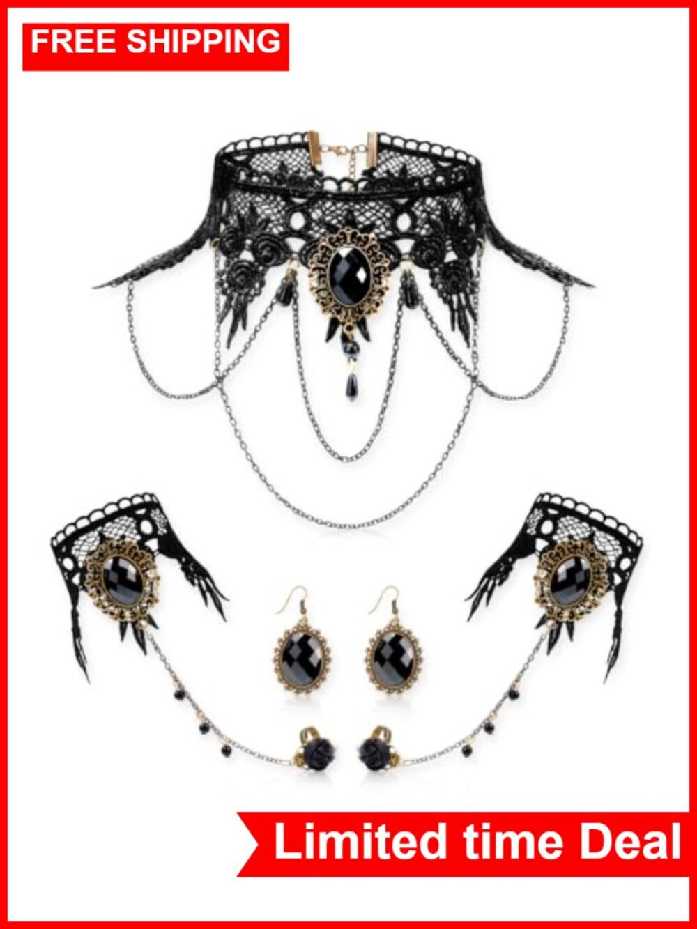 5 Piece Gothic Victorian Choker Necklace Bracelet Earrings Ring Set Costume